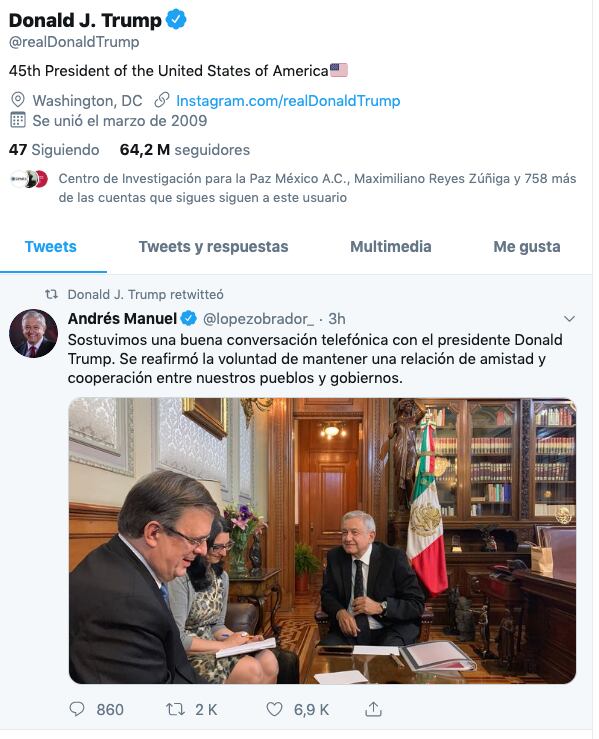 El presidente estadounidense dio RT por primera vez a su homólogo mexicano.