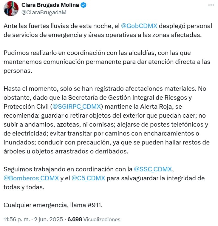 Clara Brugada manda mensaje tras fuertes lluvias en CDMX del 2 de junio