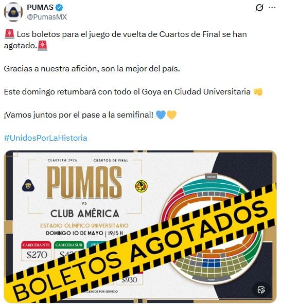 Pumas anunció boletos agotados para el juego vs América.