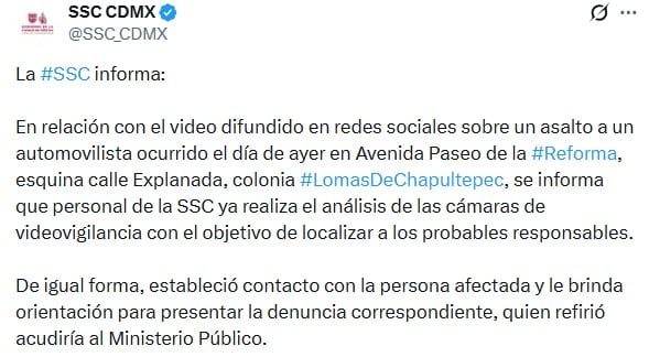 Captan asalto armado a automovilista en Paseo de la Reforma, CDMX