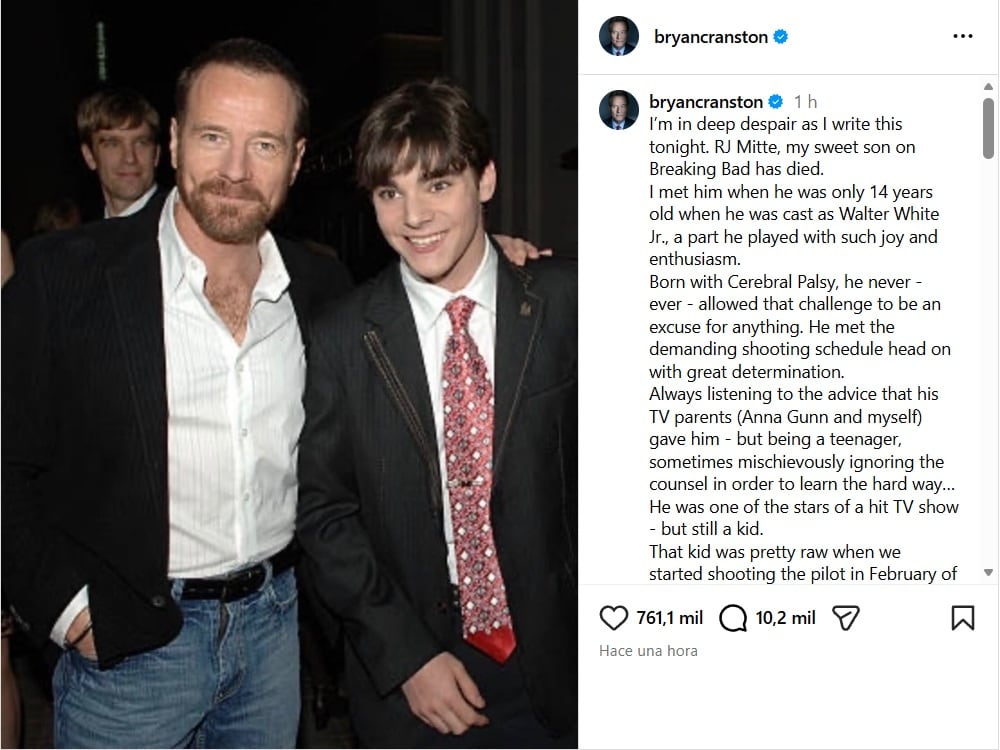 “Mi dulce hijo ha muerto”: el mensaje de Bryan Cranston tras la muerte de RJ Mitte