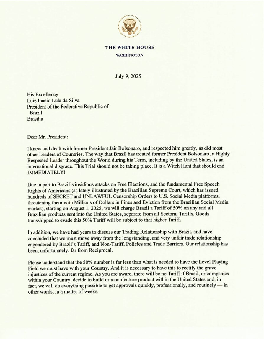 Carta de Donald Trump al presidente de Brasil
