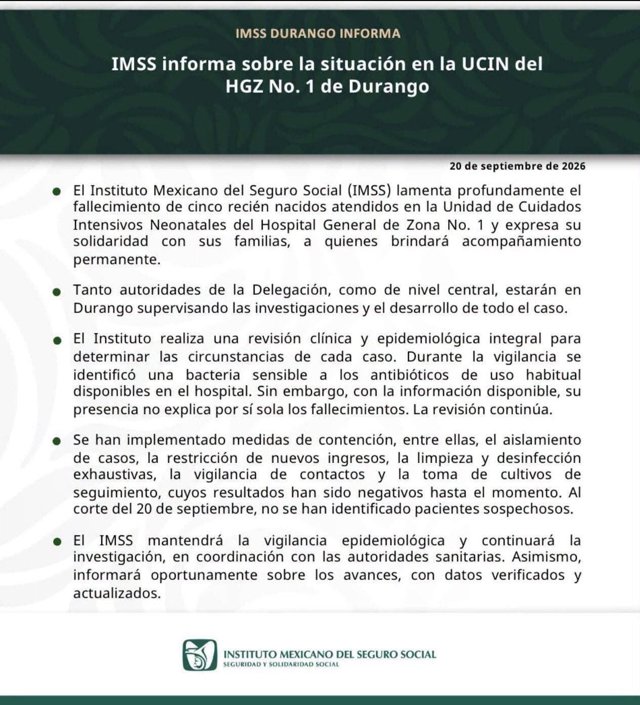 Mueren cinco recién nacidos en IMSS de Durango; investigan las causas