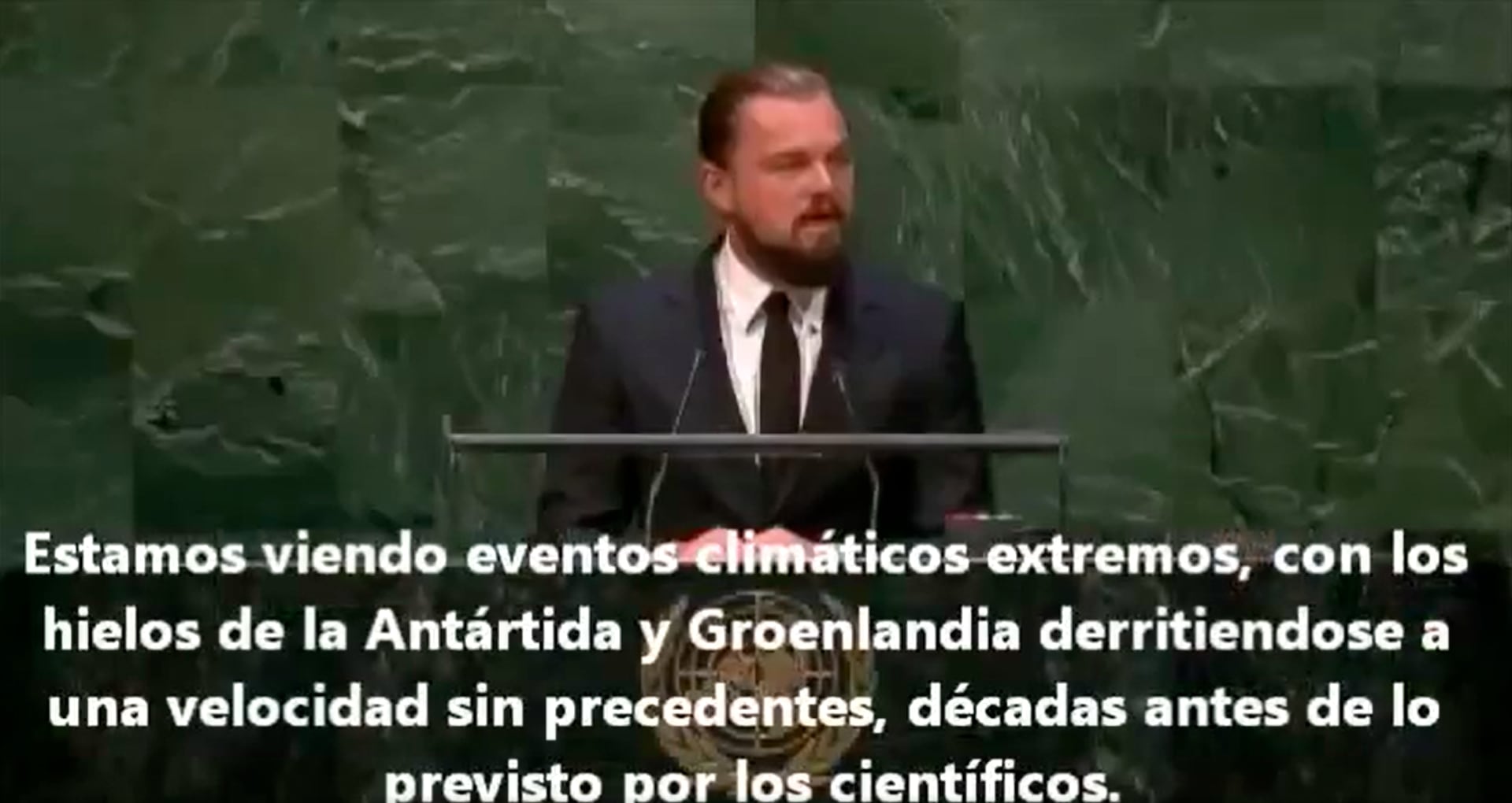 Captura de Video del discurso de Leonardo DiCaprio ante la asamblea de la ONU acerca del Cambio climático en 2015