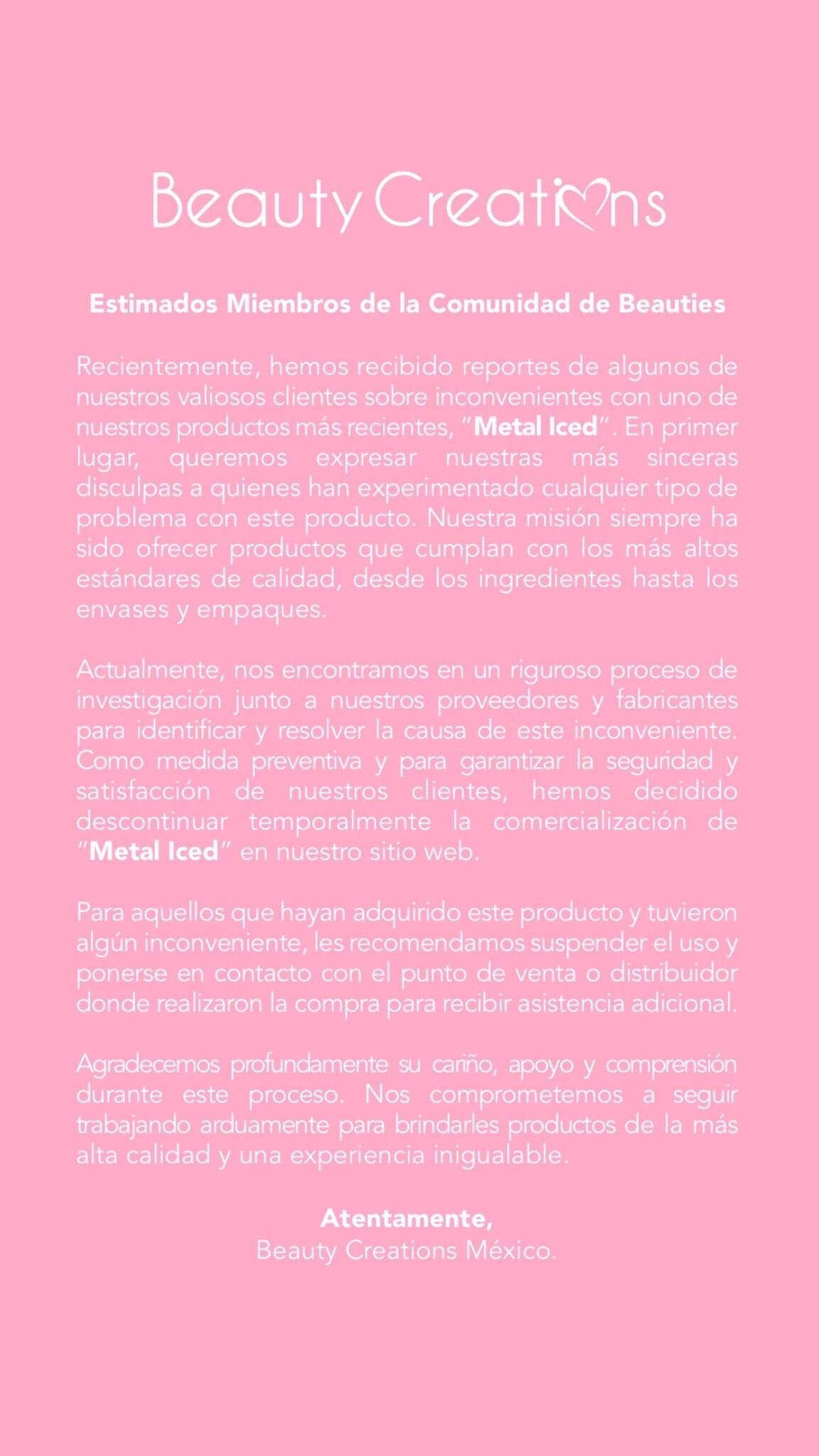 Comunicado de Beauty Creations sobre el delineador, Metal Iced, que explota.