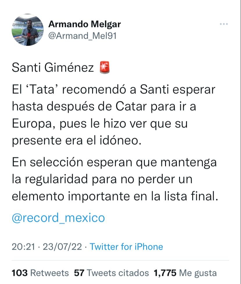 Gerardo Martino 'evitaría' que Santiago Giménez llegue al Feyenoord.