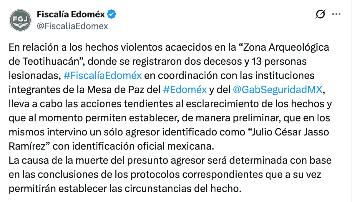 Fiscalía Edomex identifica a Julio César Jasso Ramírez como tirador en Teotihuacán