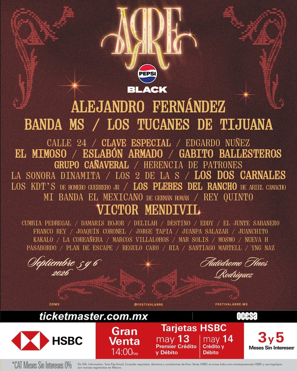 Festival Arre 2026 anuncia cartel con Alejandro Fernández, Banda MS y Los Tucanes de Tijuana