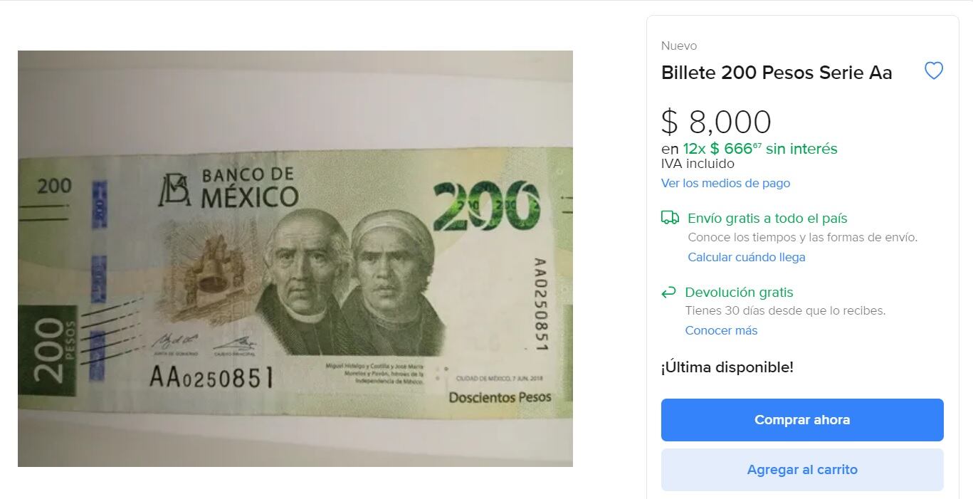 Venden billete de 200 pesos en Mercado Libre