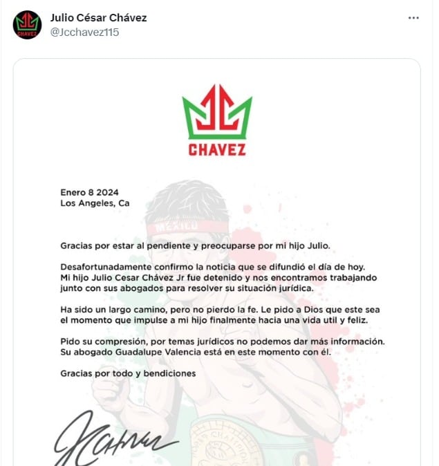 Julio César Chávez confirmó la detención del "Junior" en los Estados Unidos.