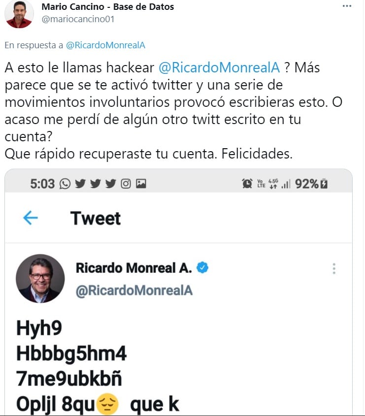 Tuit que habría dejado presunto hacker a Ricardo Monreal