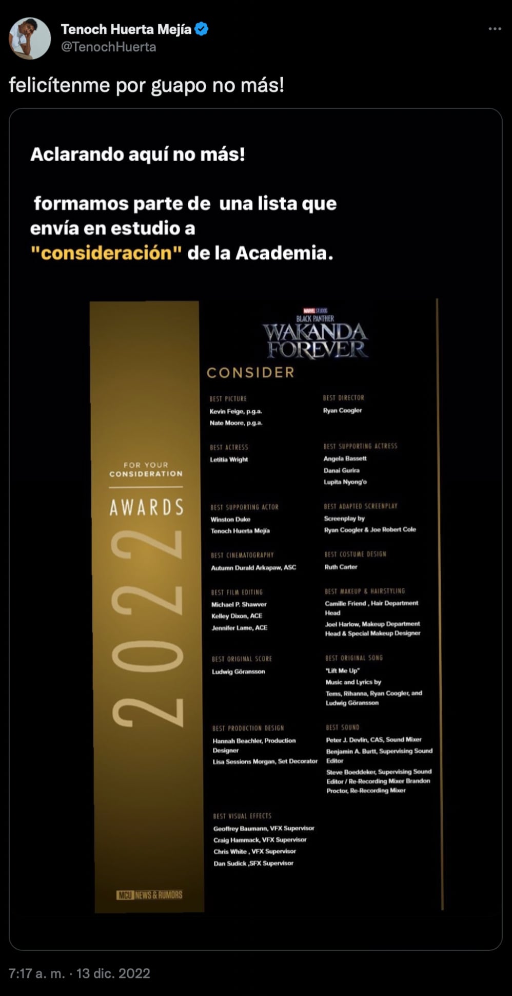 Tenoch Huerta pide que lo feliciten “nomás por guapo” y no por posible nominció a Oscar 2023