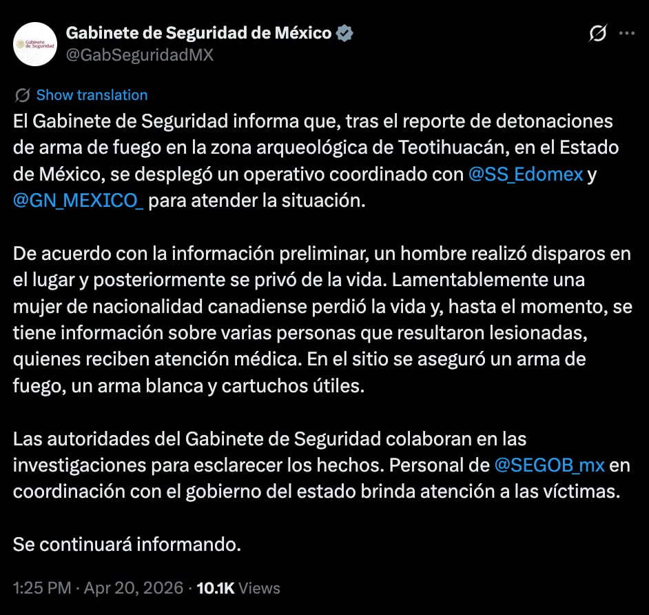 Claudia Sheinbaum lamenta balacera en Teotihuacán