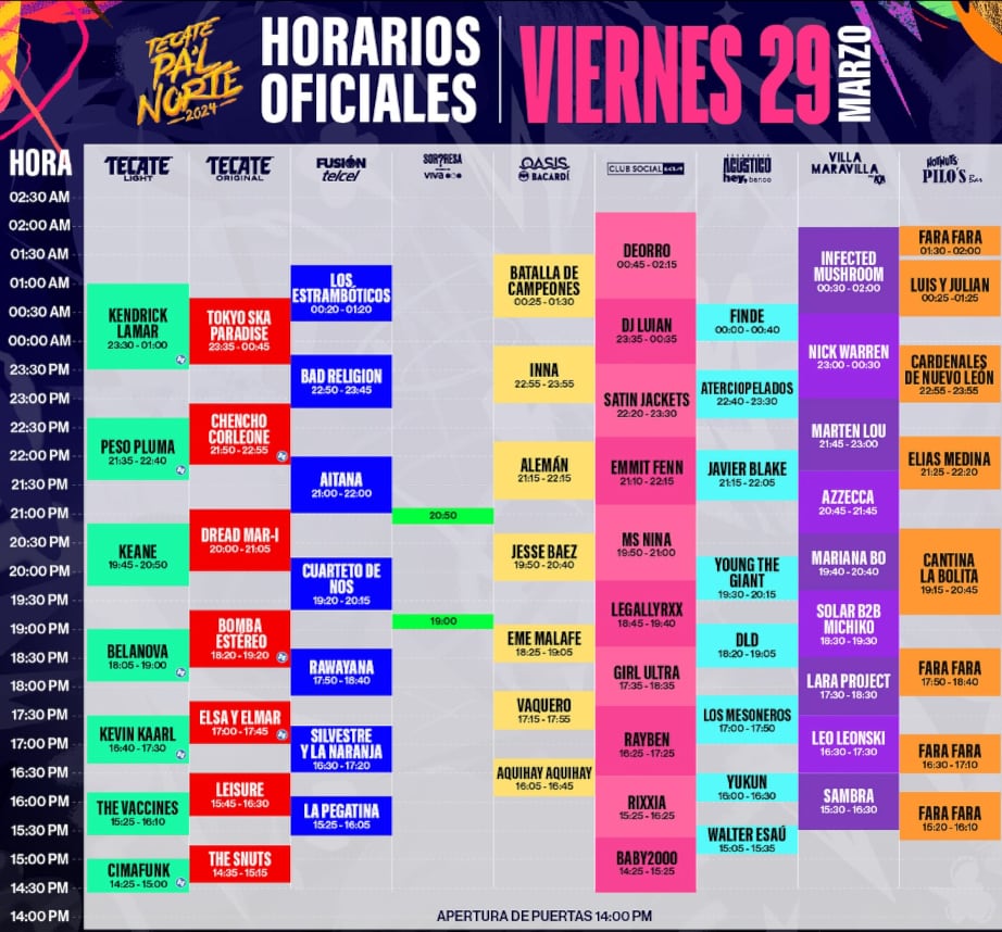 Horario Oficial de Tecate Pal Norte 2024 para el viernes 29 de marzo