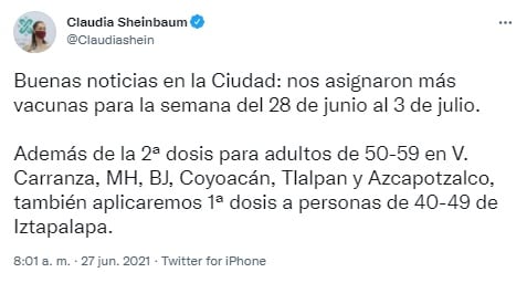 Tuit de Claudia Sheinbaum