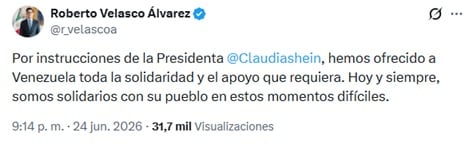 Claudia Sheinbaum ofrece apoyo a Venezuela ante estado de emergencia por sismos