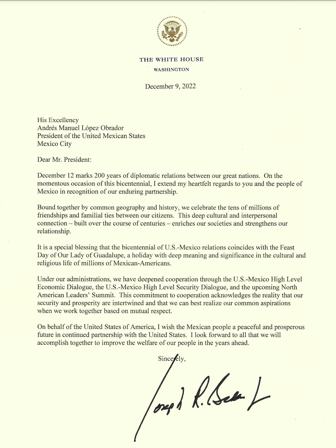 Joe Biden celebra 200 años de relaciones entre México y Estados Unidos con carta para AMLO