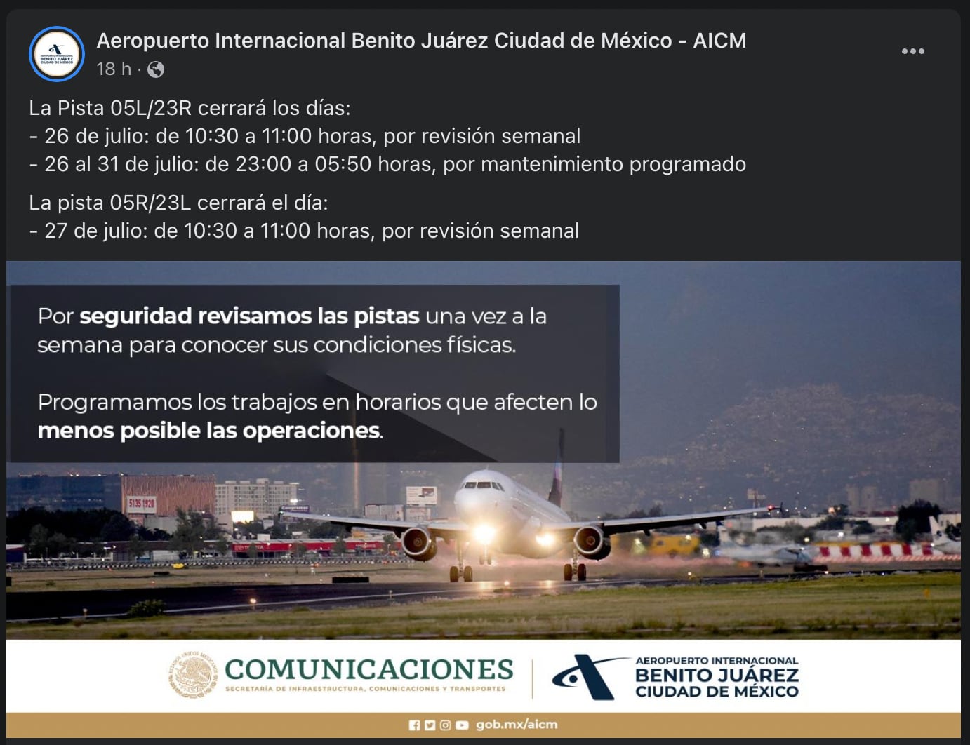 Cierre de la pista 05L/23R del AICM