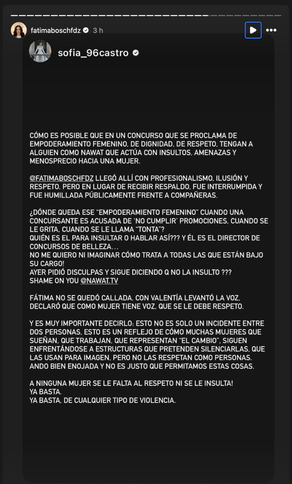 Fátima Bosch agradece apoyo a Sofía Castro por polémica con Nawat Itsaragrisil.