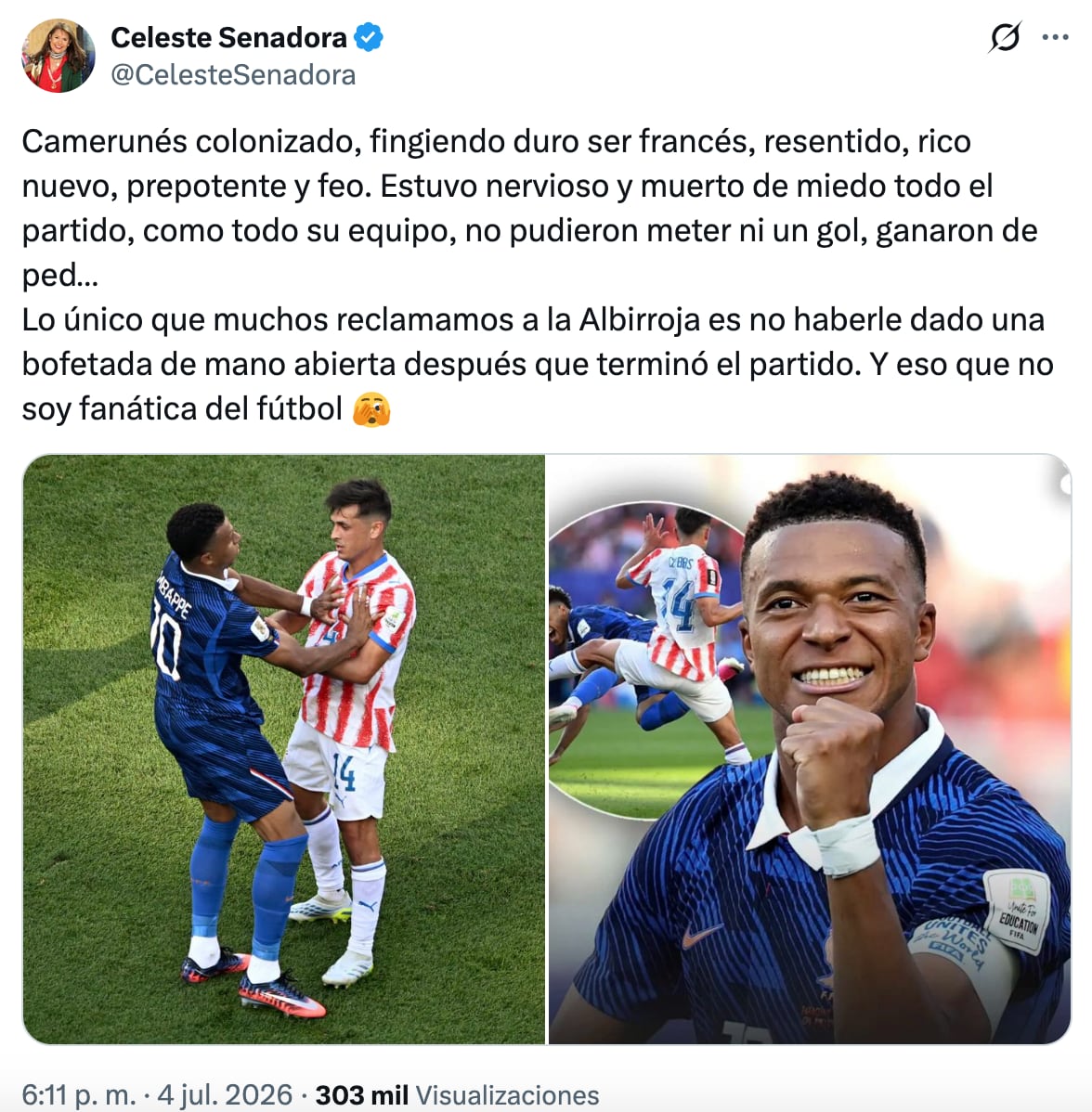Celeste Amarilla, senadora de Paraguay, lanza insultos racistas a Kylian Mbappé