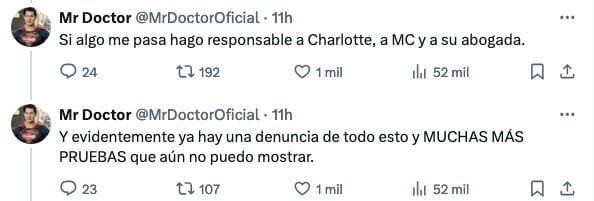 Mr Doctor responsabiliza a Charlotte Lascurain y Maryfer Centeno si algo le pasa.