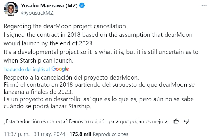 Yusaki Maezawa informó de la cancelación del viaje llamado dearMoon