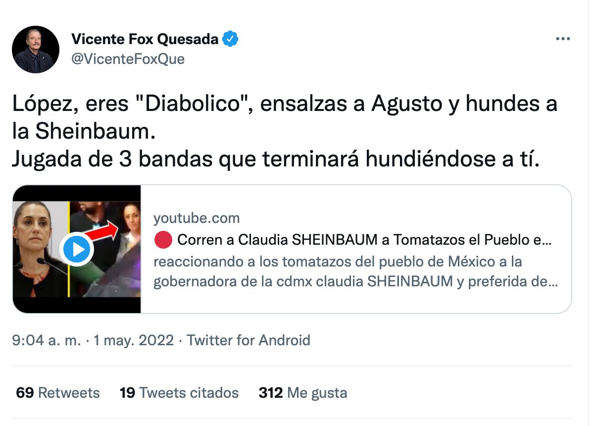 Vicente Fox comparte noticia falsa sobre Claudia Sheinbaum