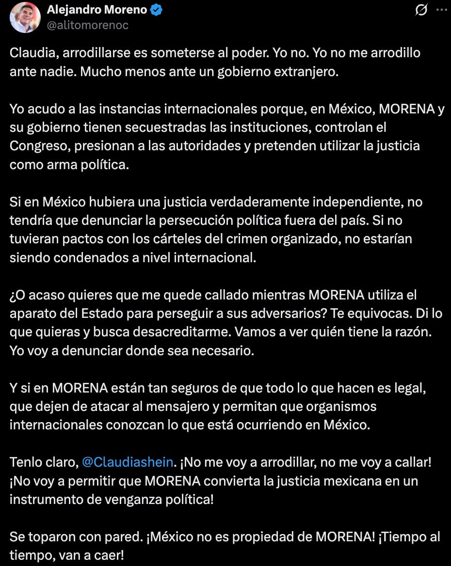 Alejandro Moreno responde a Claudia Sheinbaum