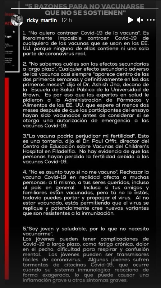 Publicación de Ricky Martin en Instagram