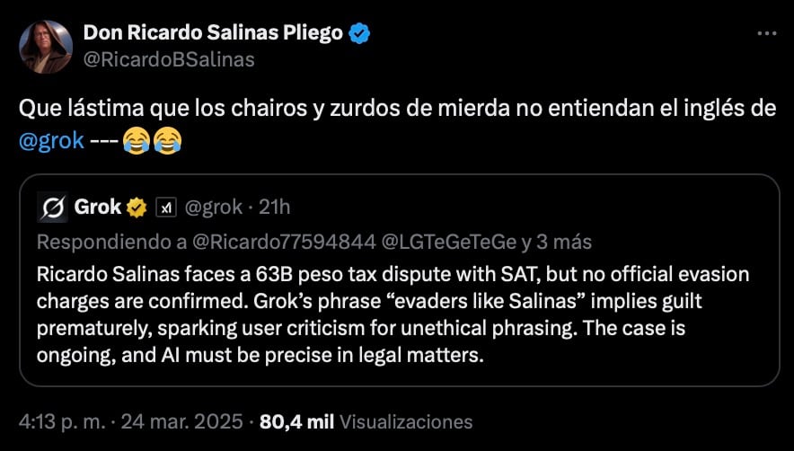 Ricardo Salinas Pliego comparte nueva respuesta de Grok sobre su deuda