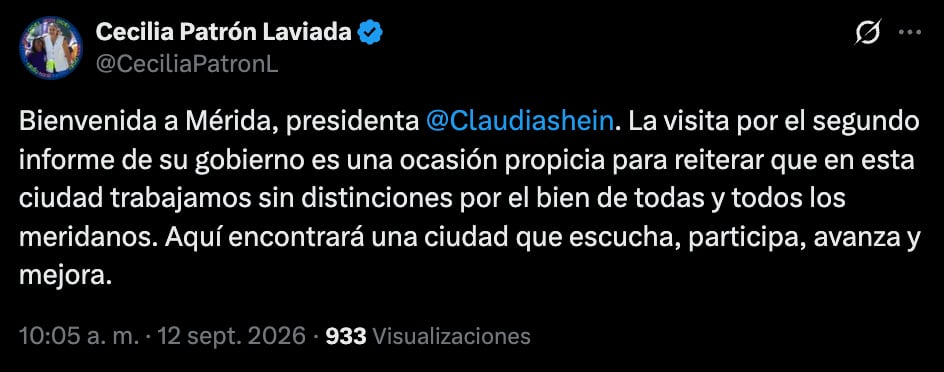 Cecilia Patrón recibe a Claudia Sheinbaum en Mérida durante gira por su Segundo Informe