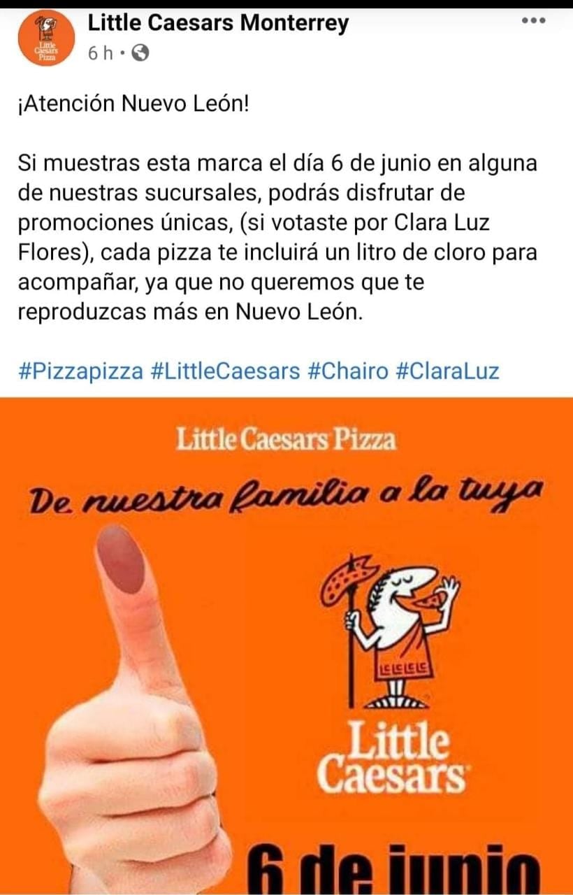 Promoción de Little Caesars Monterrey para las elecciones del 6 de junio