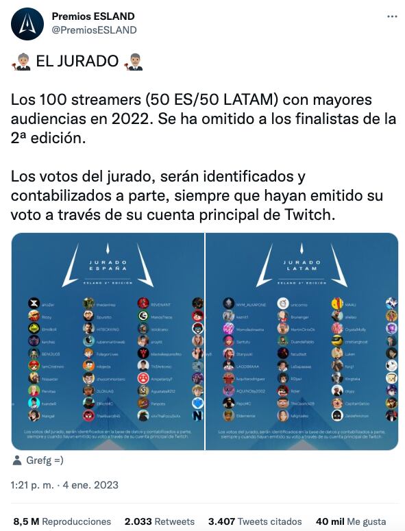 Jurado de los Premios Esland 2023 tomó por sorpresa a los streamers