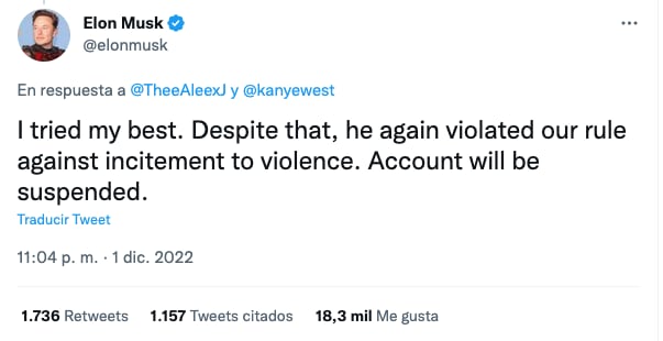 Elon Musk suspende cuenta de Twitter de Kanye West