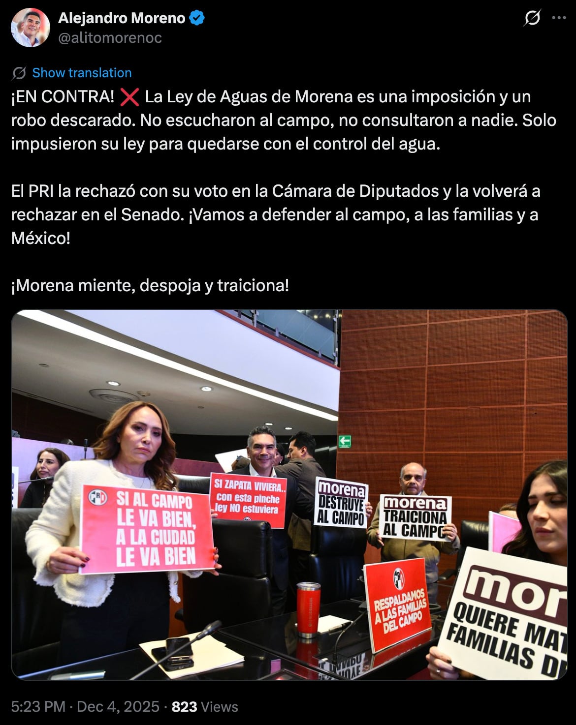 Alejandro Moreno reafirma que el PRI votará en contra de la Ley de Aguas en el Senado