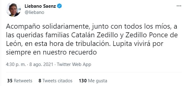 Liébano Sáenz informa muerte de Lupita Zedillo