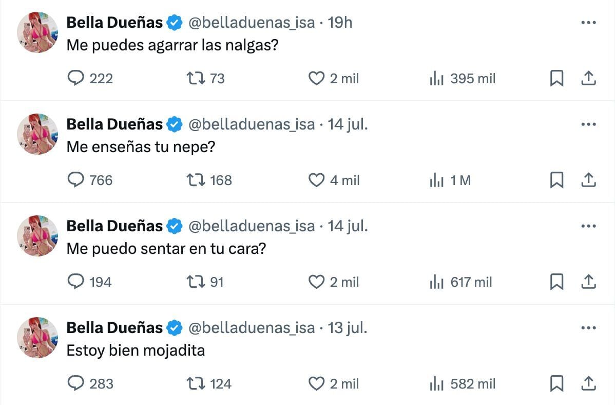 Los mensajes sexuales de Bella Dueñas en Twitter