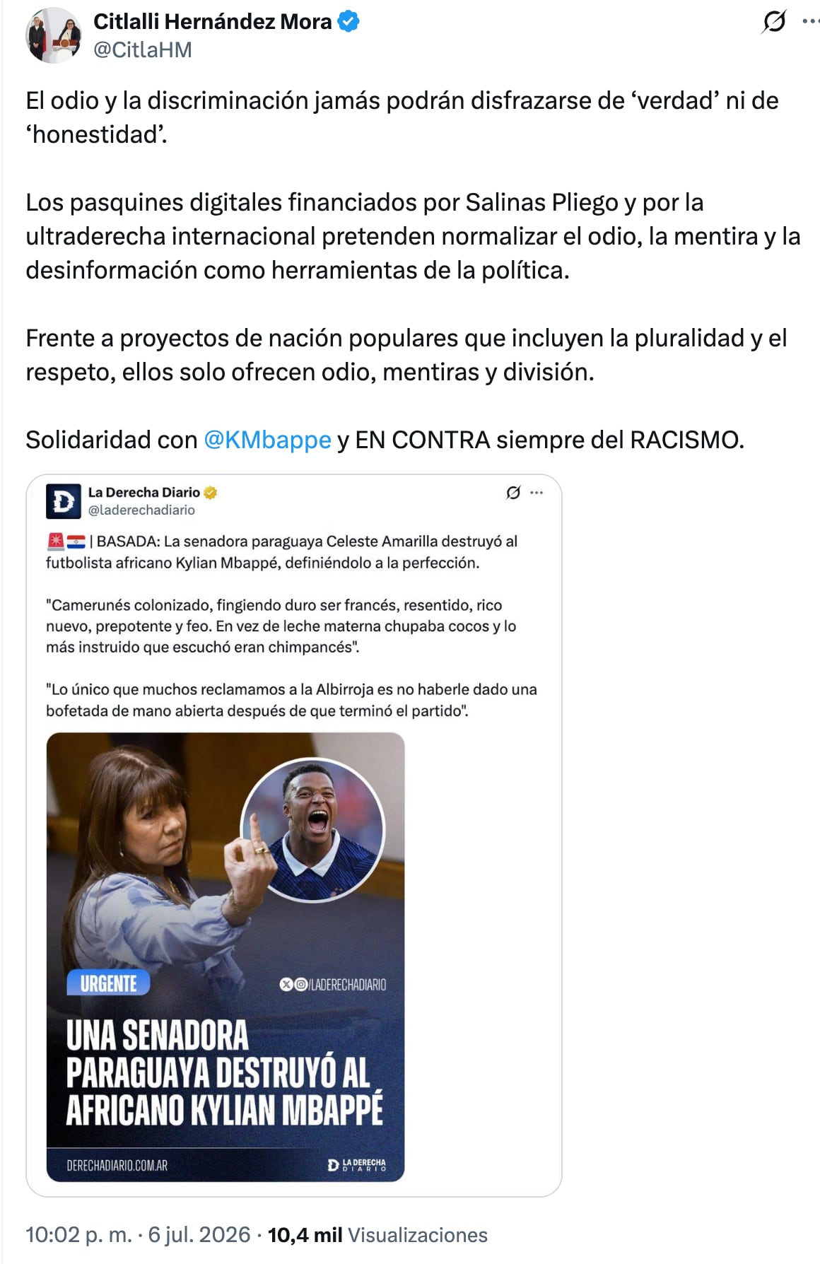 Citlali Hernández sale en defensa de Kylian Mbappé tras insultos racistas de Celeste Amarilla; acusa de "pasquines digitales" a Ricardo Salinas Pliego