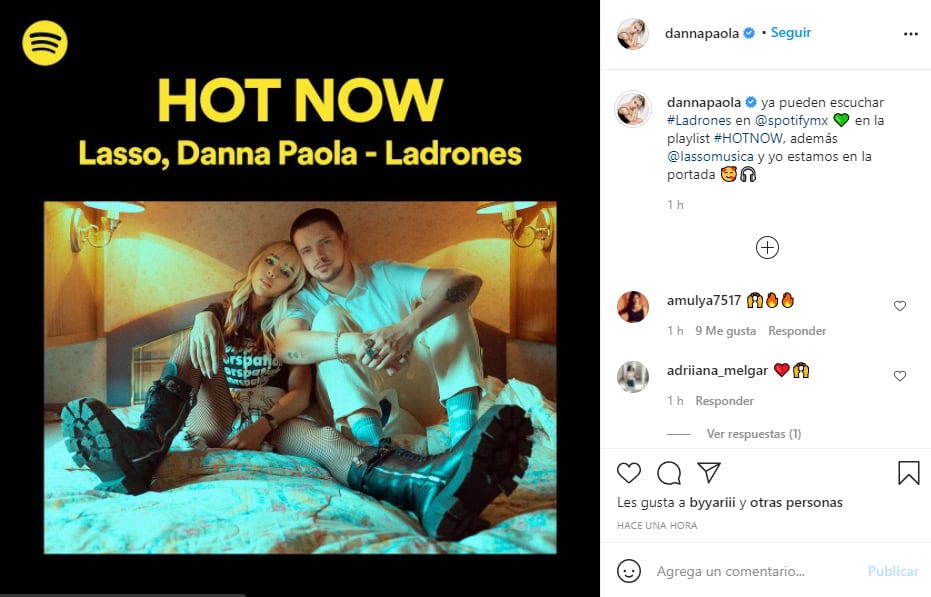 Post de Danna Paola sobre 'Ladrones' en Spotify.