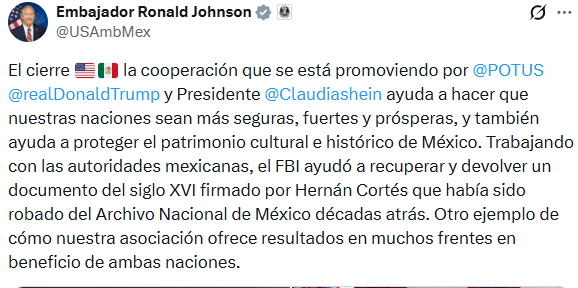 Ronald Johnson reconoce al FBI por recuperar manuscrito firmado por Hernán Cortés
