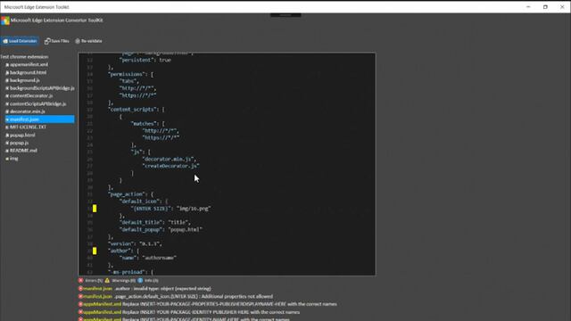 Una captura de la herramienta 'Microsoft Edge Extension Toolkit' trabajando.