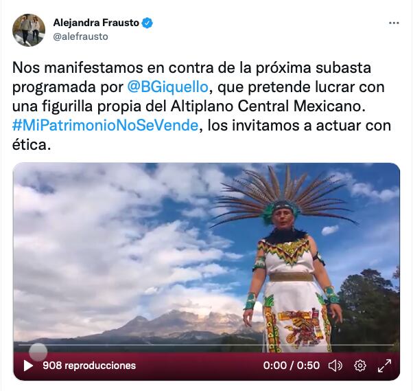 Tuit de Alejandra Frausto, secretaria de Cultura, dónde pide a subastado francesa actuar con ética