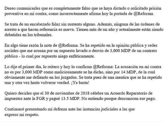 Inés Gómez Mont revela en un comunicado que ya hizo un acuerdo reparatorio con la FGR