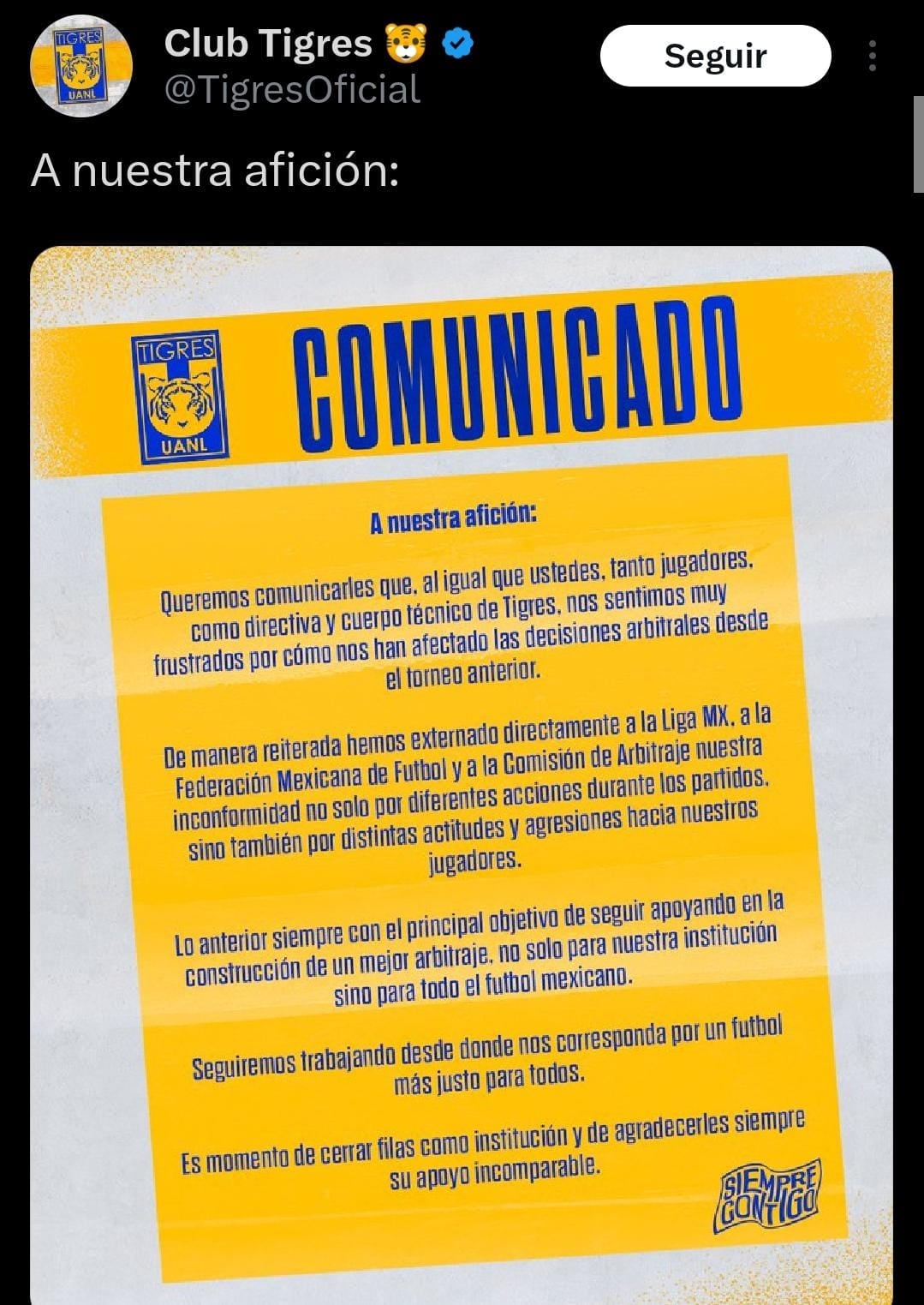 Comunicado de Club Tigres contra el arbitraje.