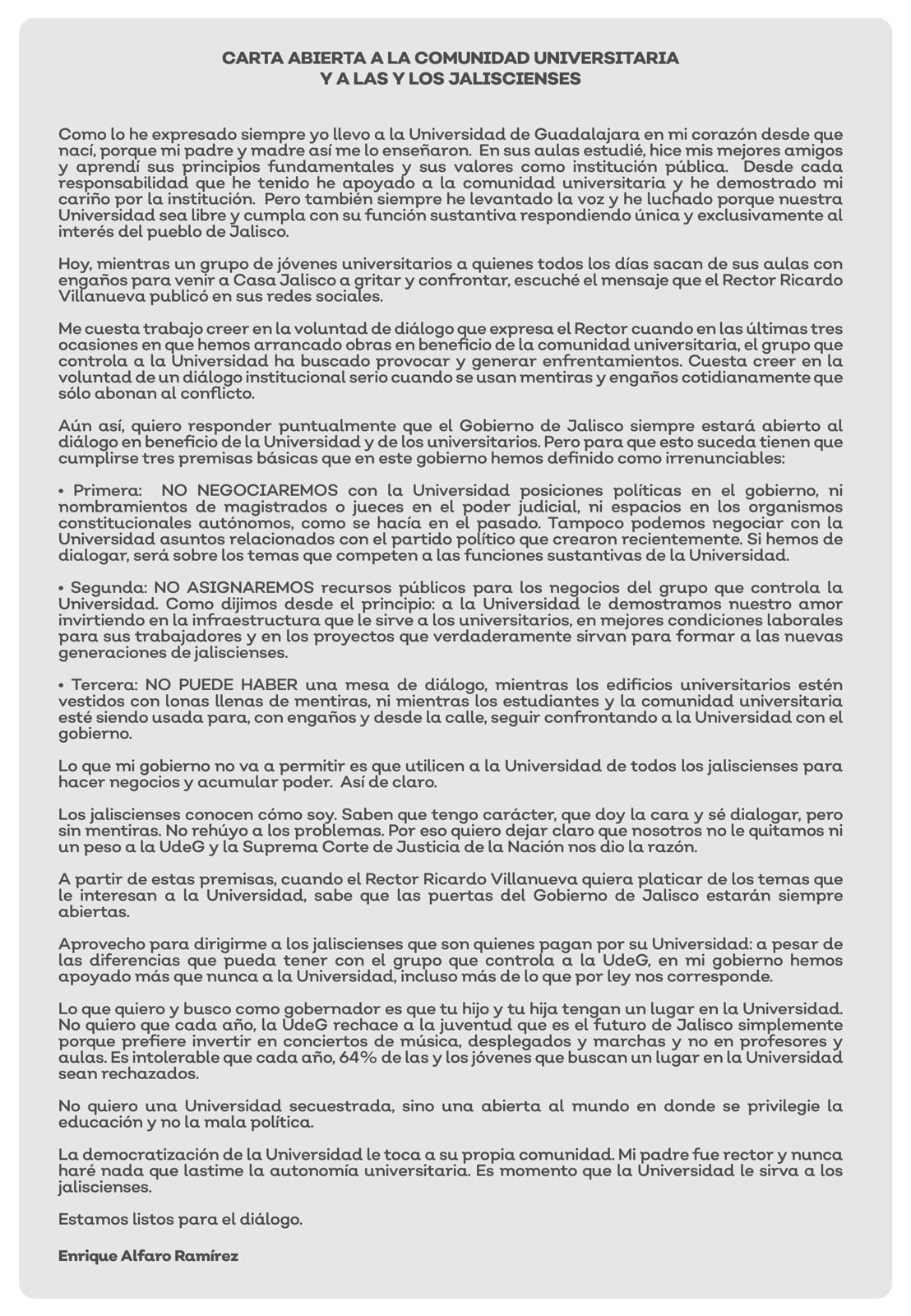Carta abierta de Enrique Alfaro a la Universidad de Guadalajara