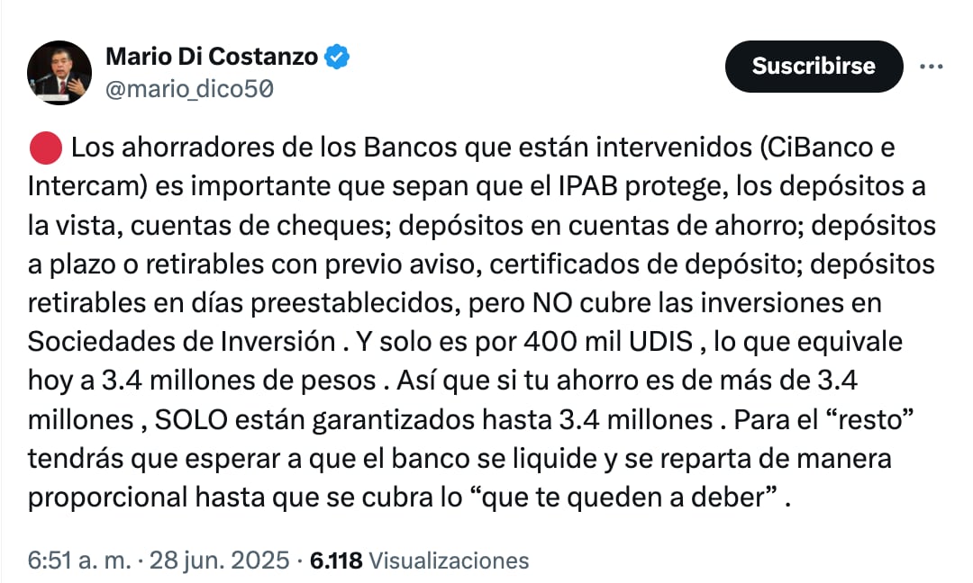 La advertencia de Mario Di Constanzo a loa ahorradores de CIBanco e Intercam