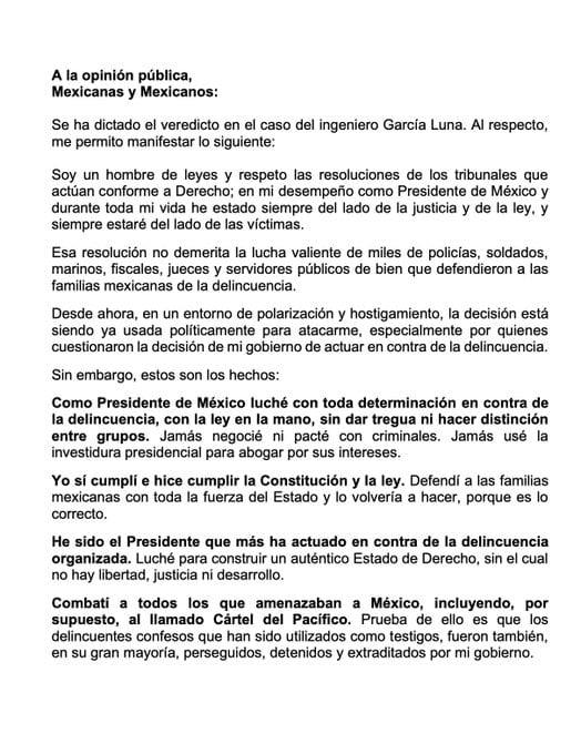 Comunicado Felipe Calderón tras el veredicto emitido en el juicio contra Genaro García Luna en Estados Unidos