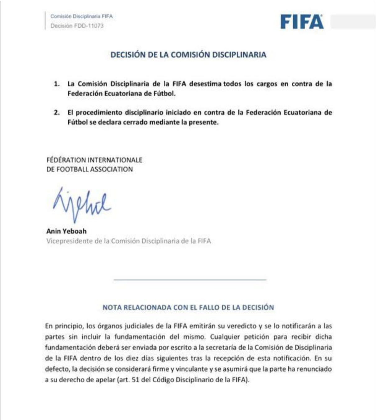FIFA desestimó cargos contra Ecuador
