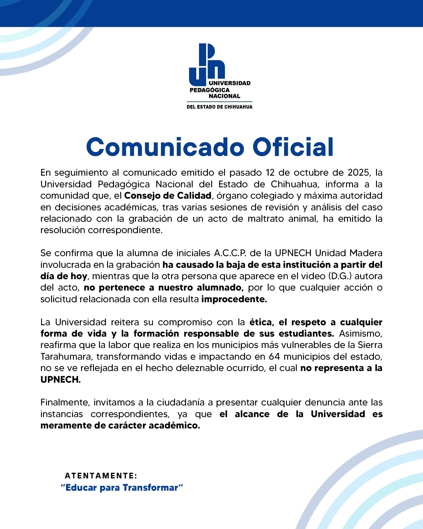 Comunicado de UPN Chihuahua.