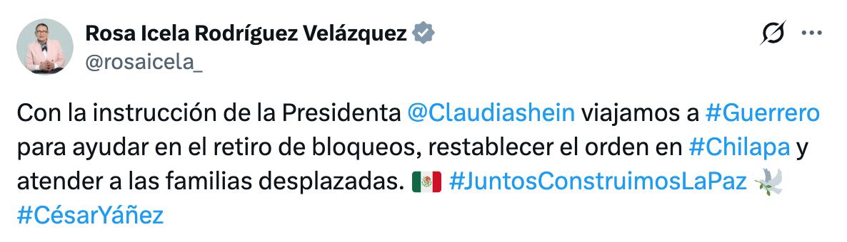 Rosa Icela Rodríguez viaja a Chilapa, Guerrero